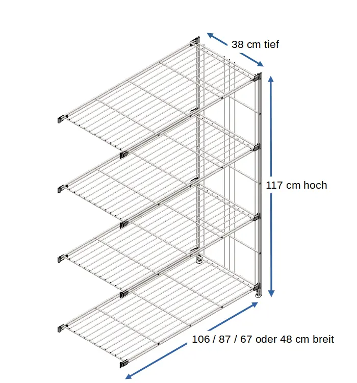 Ergänzungsset für BIII 380 #Regal 117 cm hoch, 38 tief, mit 3 Gitterböden in den Breiten 106 cm, 87 cm, 67 cm oder 48 cm