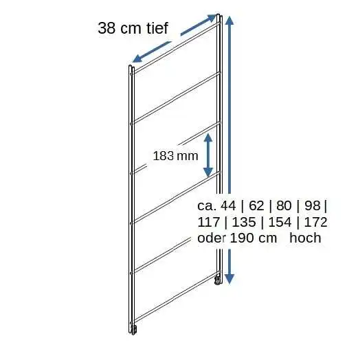 Regal-Leitern aus Metall, verchromt ohne Deko-Stäbe, 38 cm tief, in verschiedenen Höhen, kompatibel zum BIII 380 System