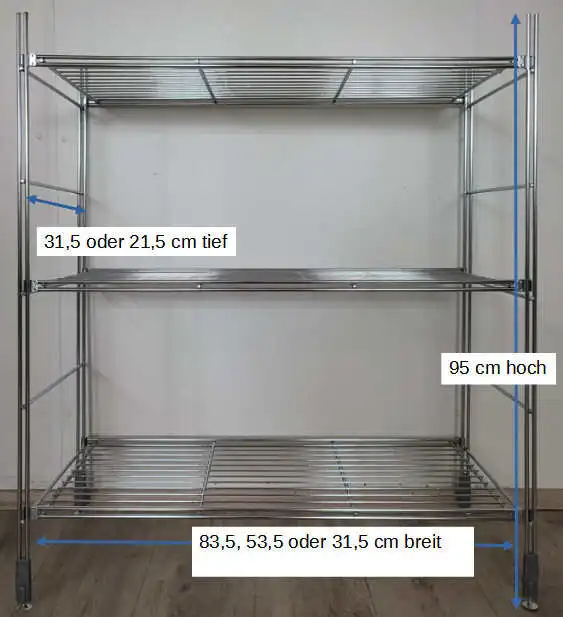 Metall-Regal in 31,5 oder 21,5 cm Tiefe in verschiedenen Breiten. Die Halterungen sind angeschweißt