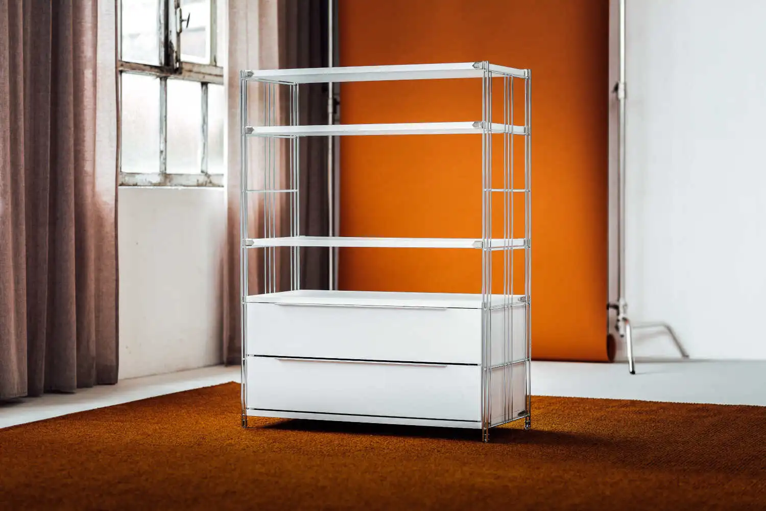 909862 Metal-Regal mit Schubladenelement + 3 Böden, Holz weiß