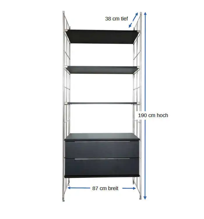 909861 Metal-Regal mit Schubladenelement + 3 Böden, Holz schwarz