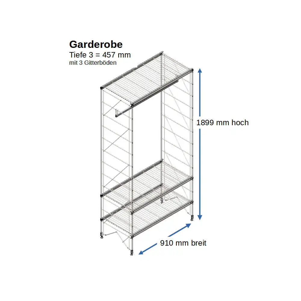 700019 Etagair Garderobe 1899x910x457 mm mit 3 Gitterborden Metall verchromt, erweiterbar