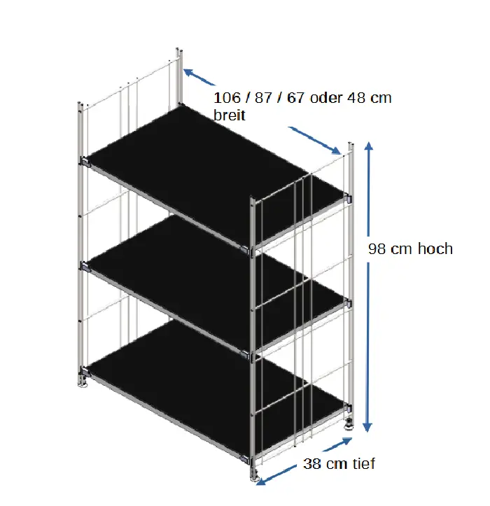 Hippes Regal mit 3 lackierten Holzböden, schwarz, 98 cm hoch. Seitenteile aus verchromten Metall.