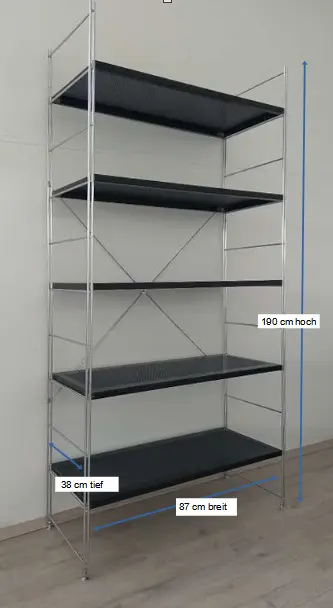 Regal mit 5 Lochblechböden in schwarz, 190 cm hoch, 87 cm breit