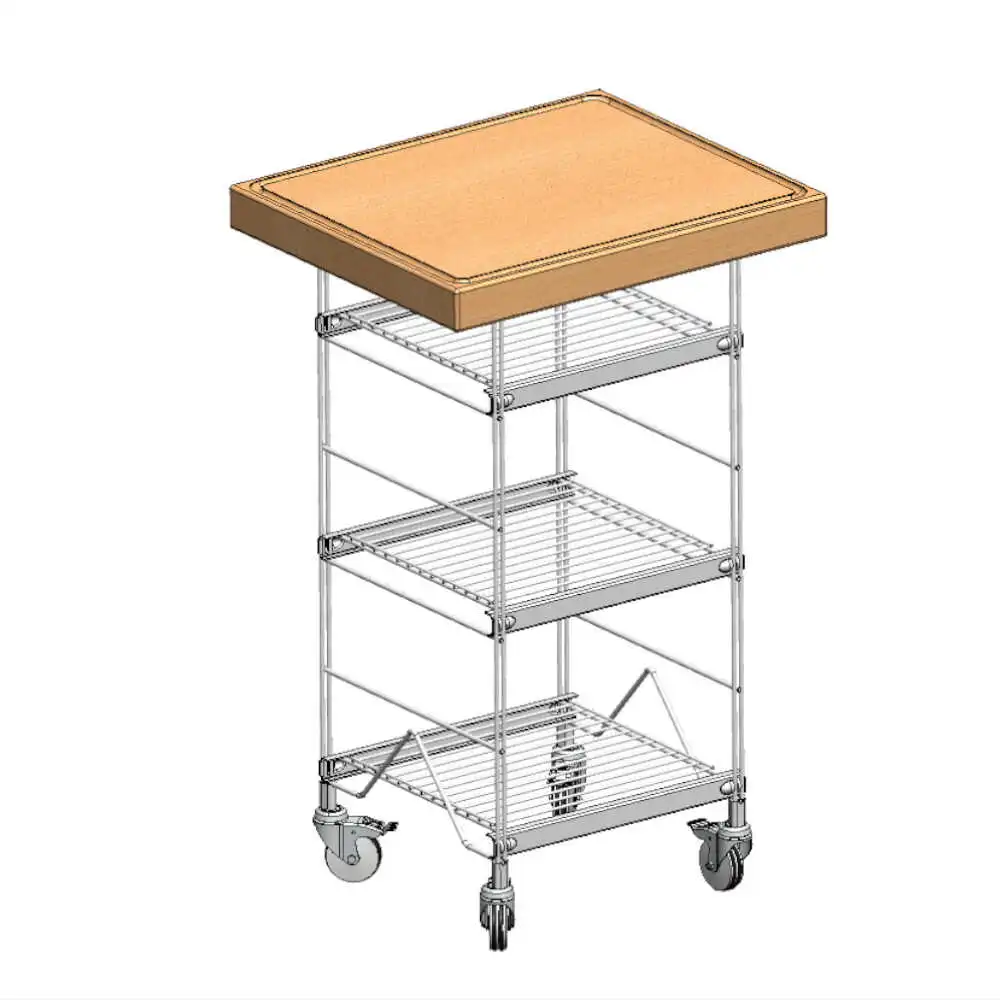 Der mobile Kitchencenter ist eine ideale Ergänzung um schnell eine Arbeitsfläche zur Bearbeitung für Lebensmittel einzurichten. Der Holzbolock ist 600 x 500 x 60 mm große, hat eine integrierte Saftrille und ist aus massiver Buche ( Hirnholz)