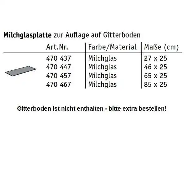 Satinierte Milchglasplatten (Art. Nr. 470447- 470457 - 470467) zur Auflage auf einen Gitterboden.