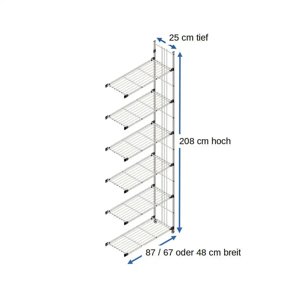 Ergänzungsset für Metall-Regal in 25 cm Tiefe, 208 cm hoch, mit 6 Gitterboeden in 46 cm, 65 cm oder 85 cm Breite