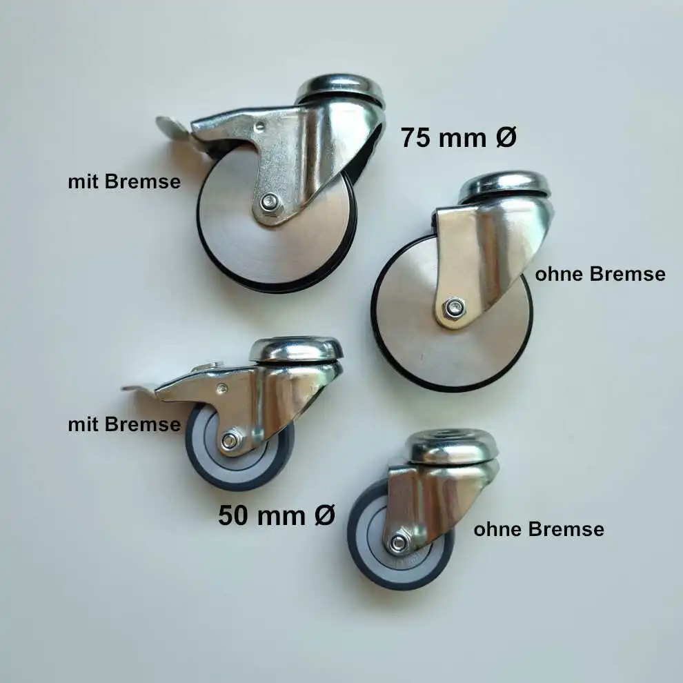 Mit den Rollen wird das Etagair-Regal mobil. In 50 mm oder 75 mm Durchmesser, mit oder ohne Feststellbremse. Die Rolle wird einfach in den Fuß eingeschraubt.