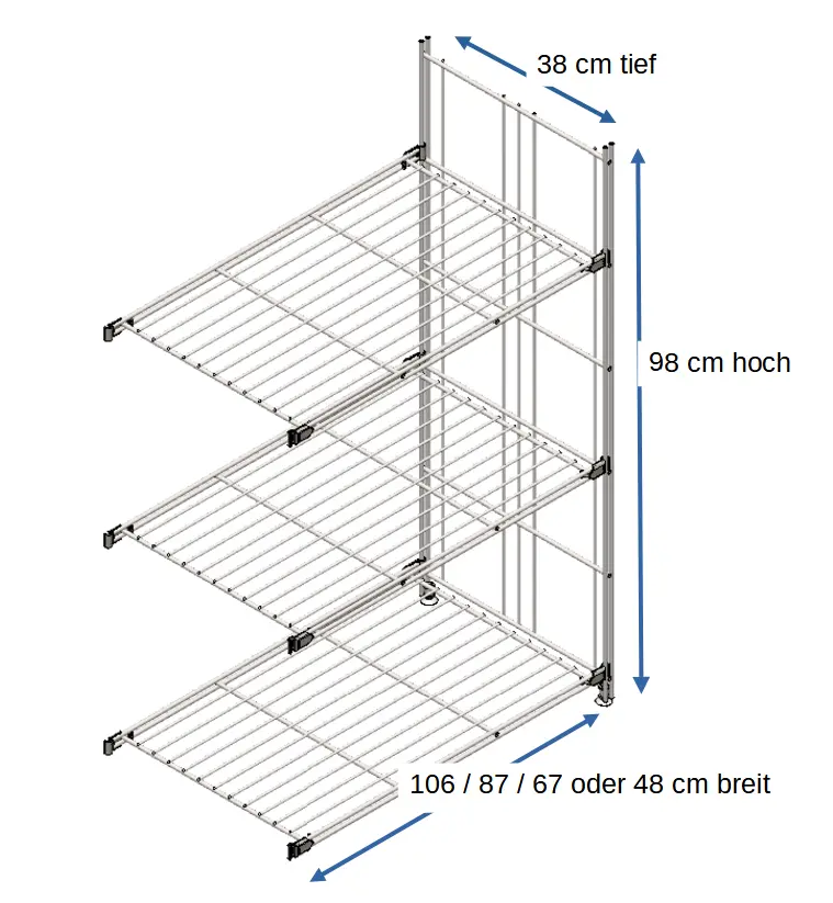 Ergänzungsset für BIII 380 #Regal 98 cm hoch, 38 tief, mit 3 Gitterböden in den Breiten 106 cm, 87 cm, 67 cm oder 48 cm