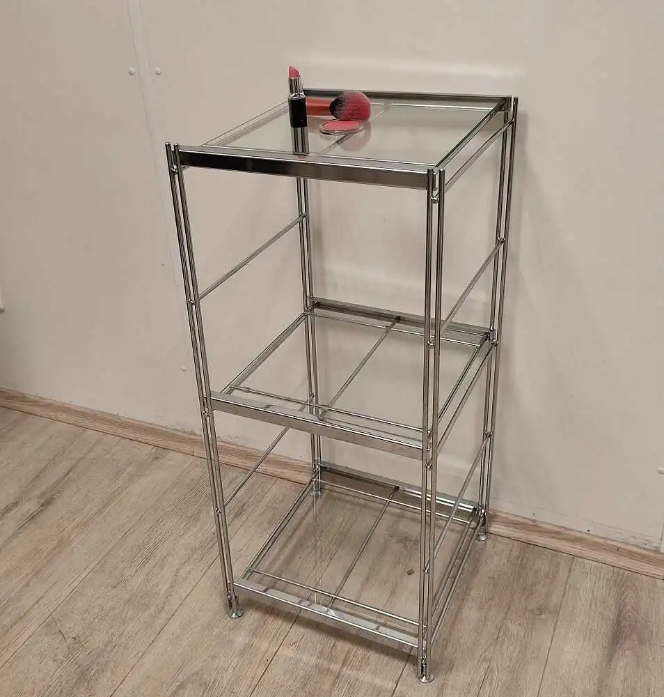 Dekoratives Metallregal aus Chrom mit Glasboden auf Auflagerahmen aus der Serie #Economic