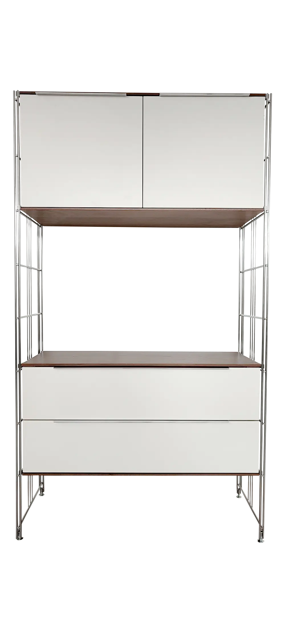 Highboard: weiß lackiertes Schubladenpaar eingebaut in einen Holzkorpus, Nußbaum furniert (Echtholz)