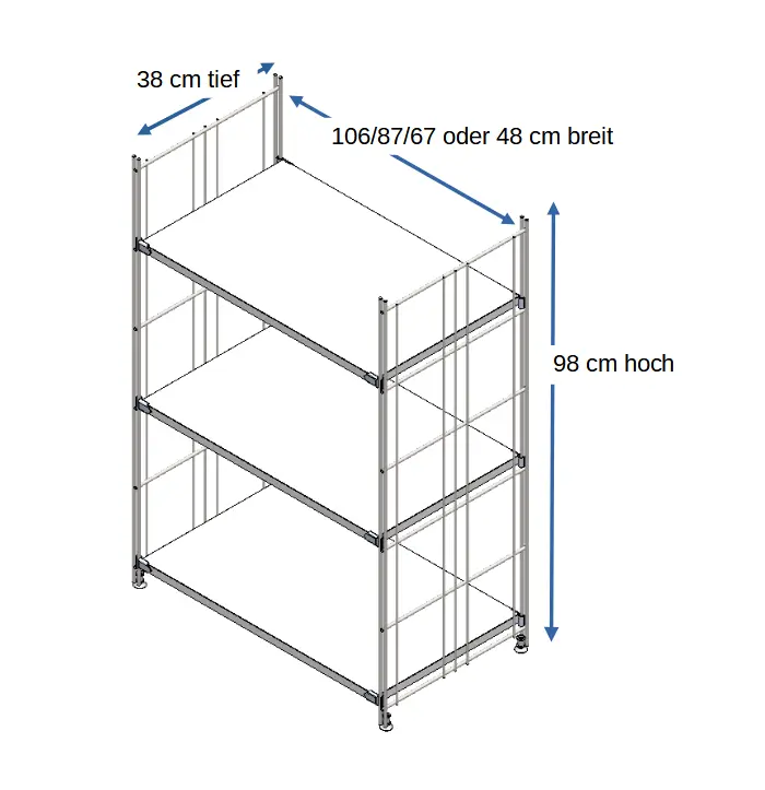Regal Metall mit 3 weißen Holzböden in 48 cm, 67 cm, 87 oder 106 cm Breite, Metall-Holz-Kombination erweiterbar