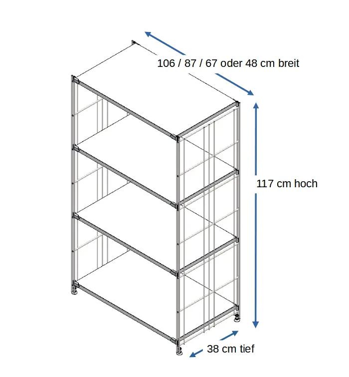 #Regal in weiß, Metall-Holzkombination mit 4 Holzböden in den Breiten 106 cm, 87 cm, 67 cm oder 48 cm