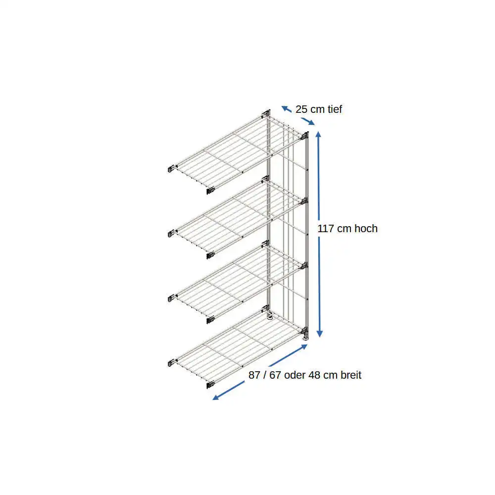 Ergänzungsset für Metall-Regal in 25 cm Tiefe, 117 cm hoch, mit 4 Gitterboeden in 46 cm, 65 cm oder 85 cm Breite