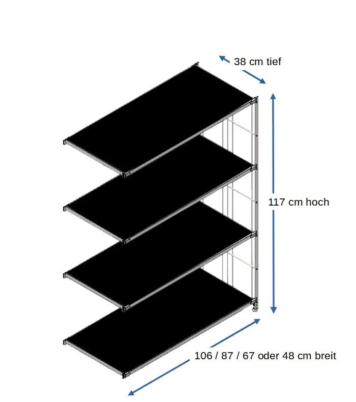 Ergänzungsset für BIII 380 #Regal 117 cm hoch, 38 tief, mit 4 Holzböden in schwarz in den Breiten 106 cm, 87 cm, 67 cm oder 48 cm