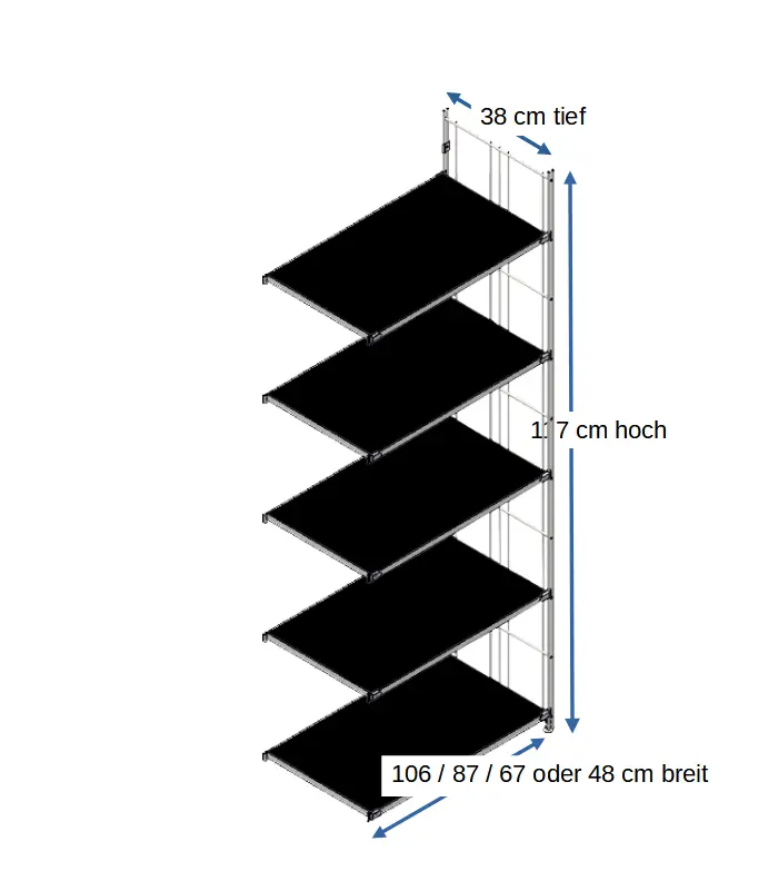 #Regal in schwarz, Metall-Holzkombination mit 5 Holzböden in den Breiten 106 cm, 87 cm, 67 cm oder 48 cm