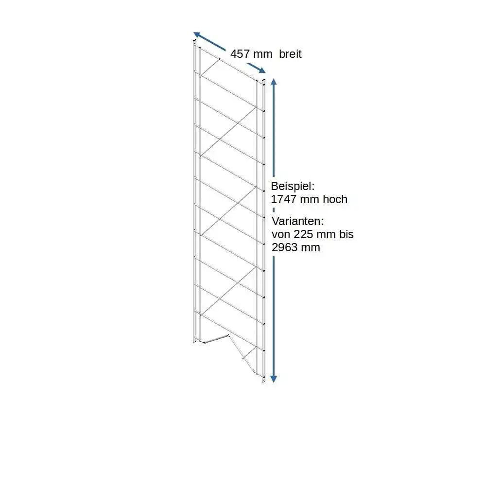 #ETAGAIR Regalleiter von 225 - 2963 mm Höhe in Metall, verchromt, made in Germany. Für ein Regal werden 2 Seitenteile benötigt. Die Rasterabstände zwischen den Querstreben betragen 152 mm.