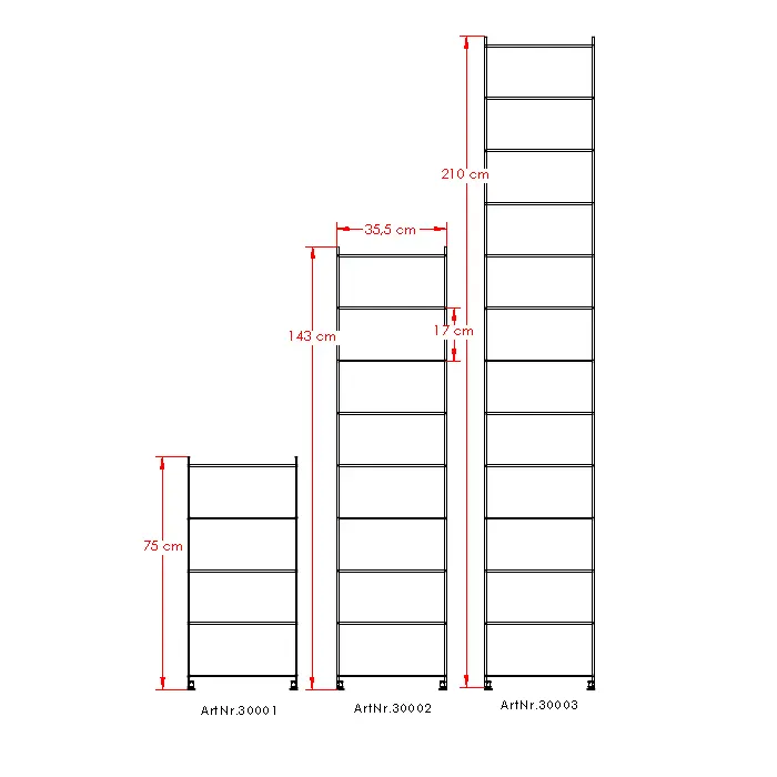 Regalleiter Art. Nr. 30001 Art.Nr. 30002 in 36 cm Tiefe BASIC Serie 75 cm bzw. 143 cm hoch