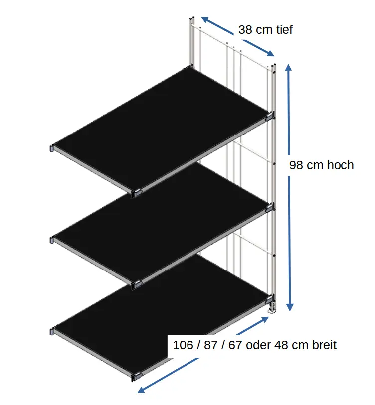 Ergänzungsset für BIII 380 #Regal 98 cm hoch, 38 tief, mit 4 Holzböden in schwarz in den Breiten 106 cm, 87 cm, 67 cm oder 48 cm