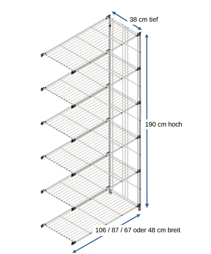 Ergänzungsset für BIII 380 #Regal 190 cm hoch, 38 tief, mit 6 Gitterböden in den Breiten 106 cm, 87 cm, 67 cm oder 48 cm
