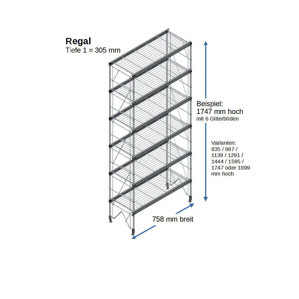 700108 ETAGAIR Regal Metall mit 6 Gitterböden 1747x758x305 mm, in verschiedenen Höhen erhältlich. Erweiterbar!