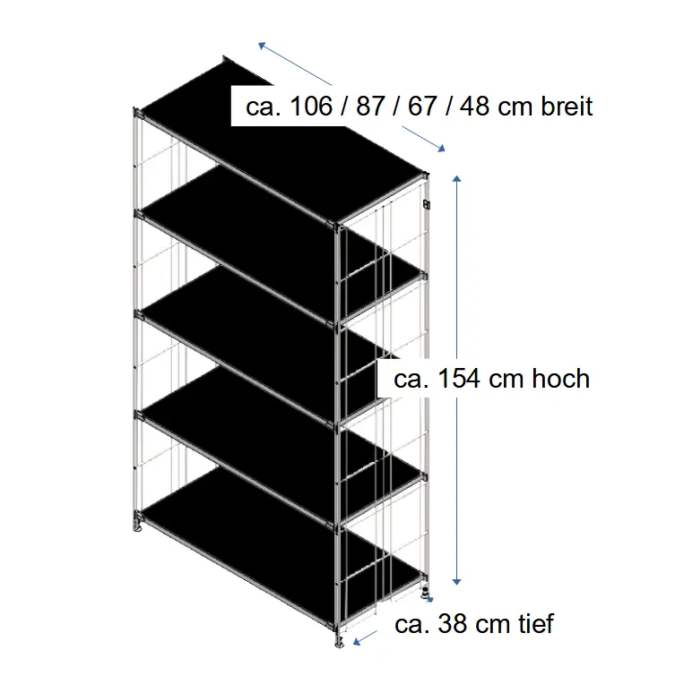 BIII Regal  38 cm tief 154 cm hoch mit 5 Holzböden schwarz 48 - 67 - 87 oder 106 cm breit