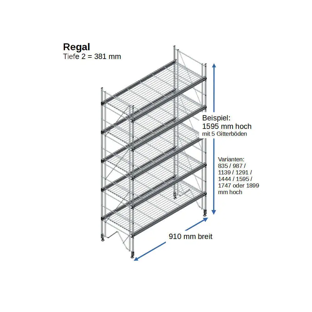 ETAGAIR Regal 381 mm tief, 910 mm breit in verschiedenen Höhen aus verchromtem Metall