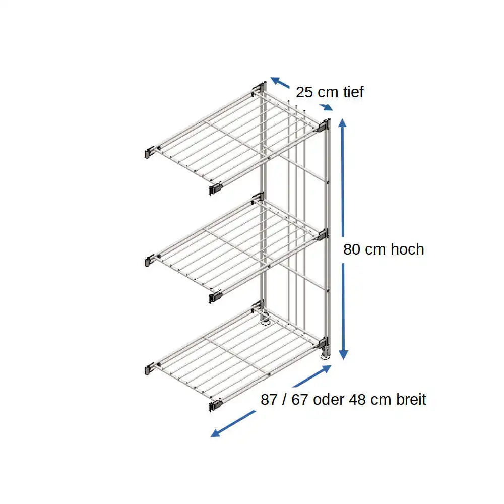 Ergänzungsset für Metall-Regal in 25 cm Tiefe,  80 cm hoch, mit 3 Gitterboeden in 46 cm, 65 cm oder 85 cm Breite