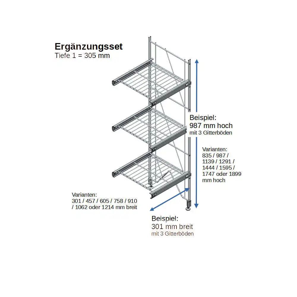 ETAGAIR Ergänzungsset 301 mm breit, für 305 cm tiefe Regale in verschiedenen Höhen mit integrierten Halterungen, Metall verchromt