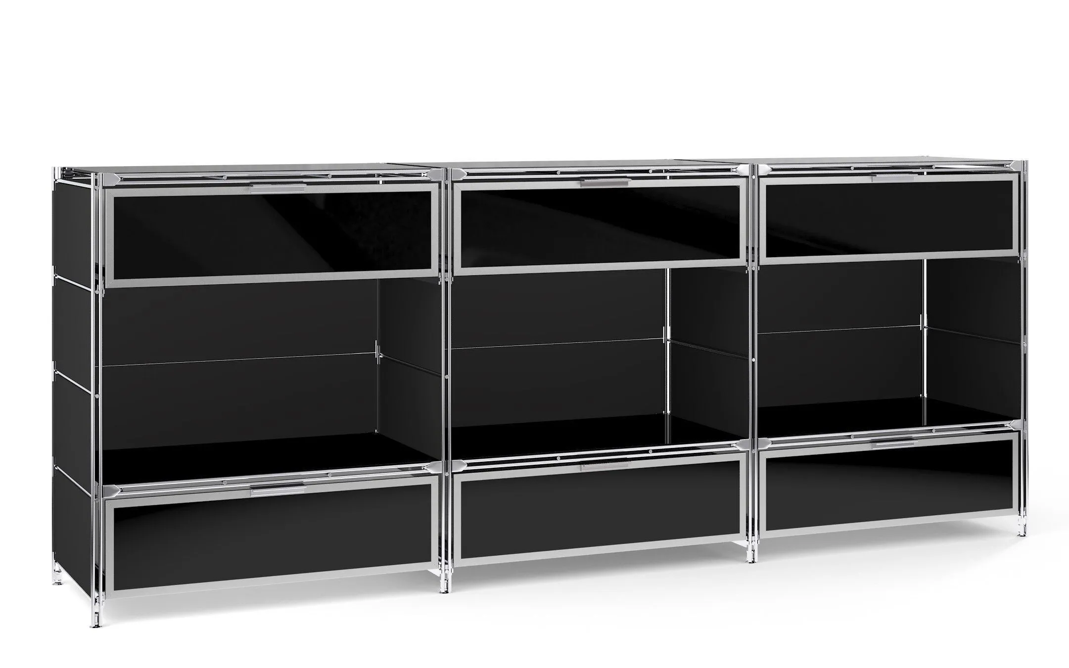 Sideboard mit 6 Metallschubfächern, Schwarzglas-Fronten