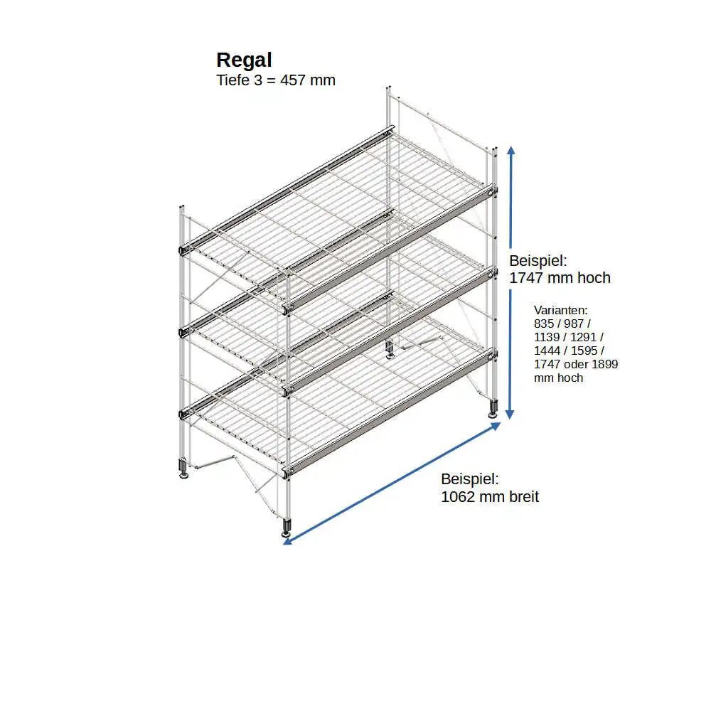 ETAGAIR Regal 457 mm tief, 1062 mm breit in verschiedenen Höhen, Metall mit verchromten Gitterböden