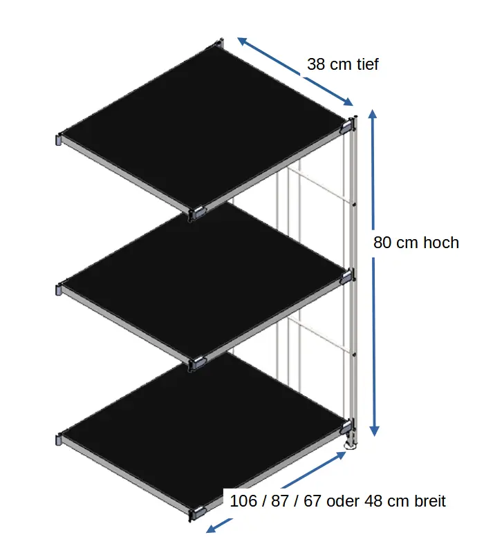 Ergänzungsset für BIII 380 #Regal 80 cm hoch, 38 tief, mit 4 Holzböden in schwarz in den Breiten 106 cm, 87 cm, 67 cm oder 48 cm