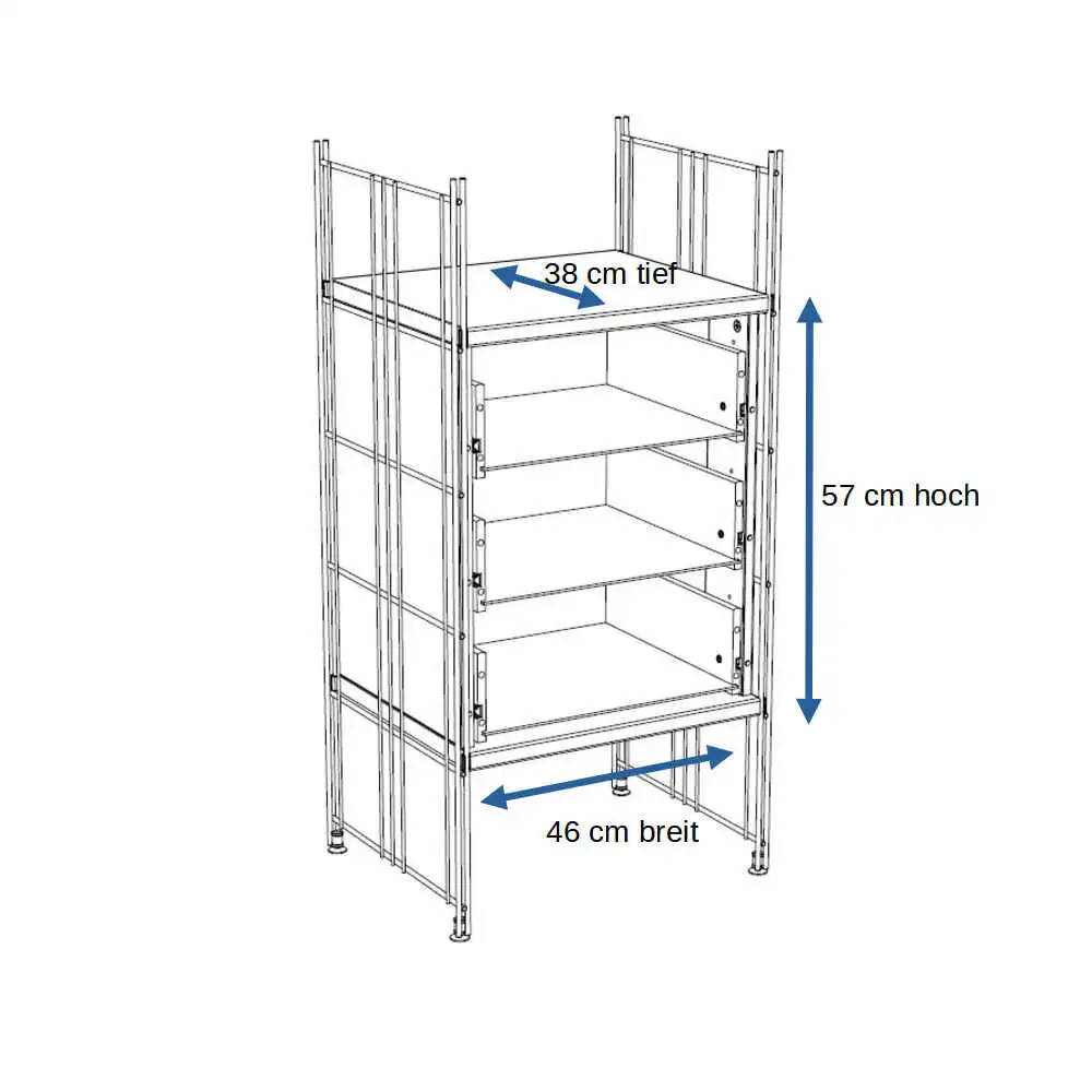 In den Metallkorpus Art. Nr. 151110 aus Chrom können 3 Schubladen eingebaut werden. Die Schubladenfronten müssen extra bestellt werden.