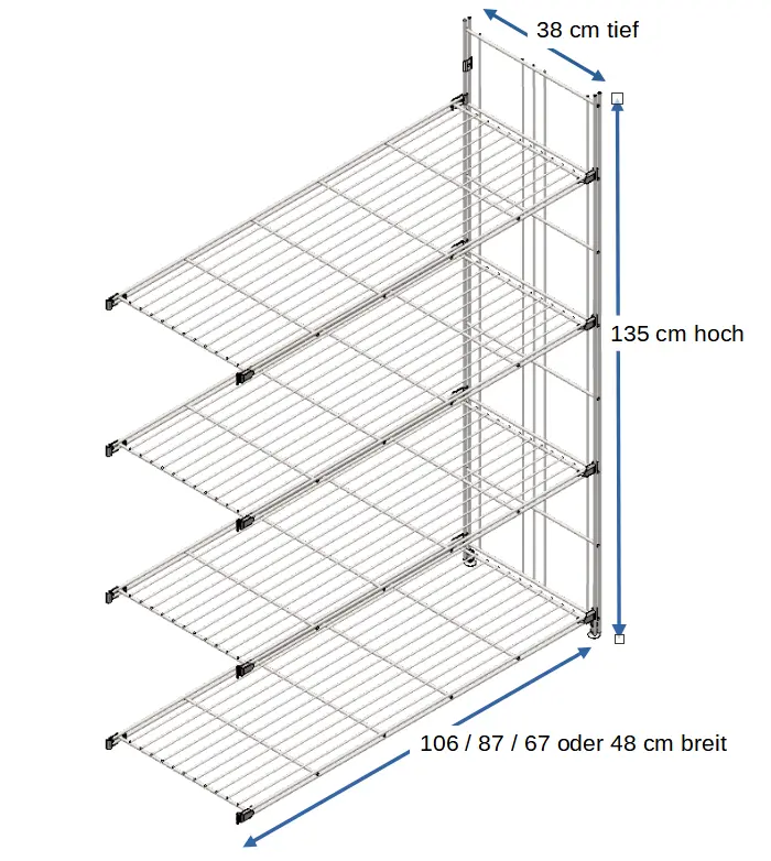 Ergänzungsset für BIII 380 #Regal 135 cm hoch, 38 tief, mit 4 Gitterböden in den Breiten 106 cm, 87 cm, 67 cm oder 48 cm