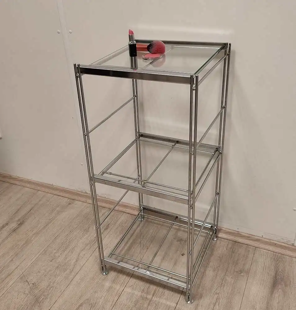 Dekoratives Metallregal aus Chrom mit Glasboden auf Auflagerahmen aus der Serie #Economic