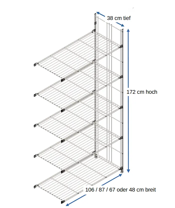 Ergänzungsset für BIII 380 #Regal 172 cm hoch, 38 tief, mit 5 Gitterböden in den Breiten 106 cm, 87 cm, 67 cm oder 48 cm