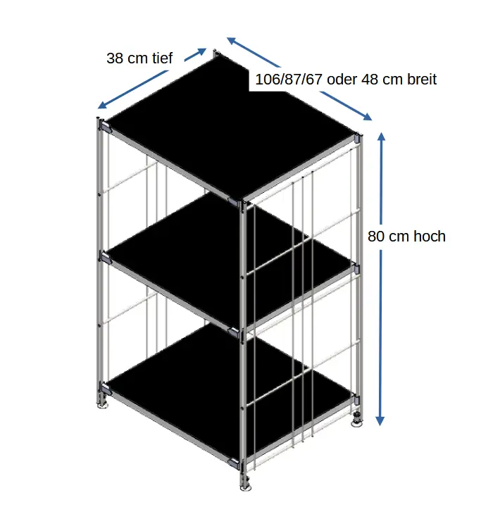 #Regal 80 cm hoch, mit 3 schwarz lackierten Holzböden. Die Seitenteile sind aus Metall, verchromt.
