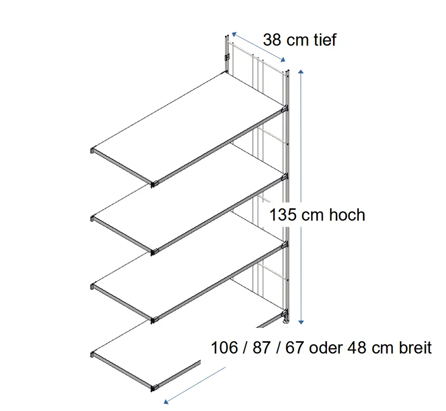 Ergänzungsset für BIII 380 #Regal 135 cm hoch, 38 tief, mit 4 Holzböden in weiß  in den Breiten 106 cm, 87 cm, 67 cm oder 48 cm