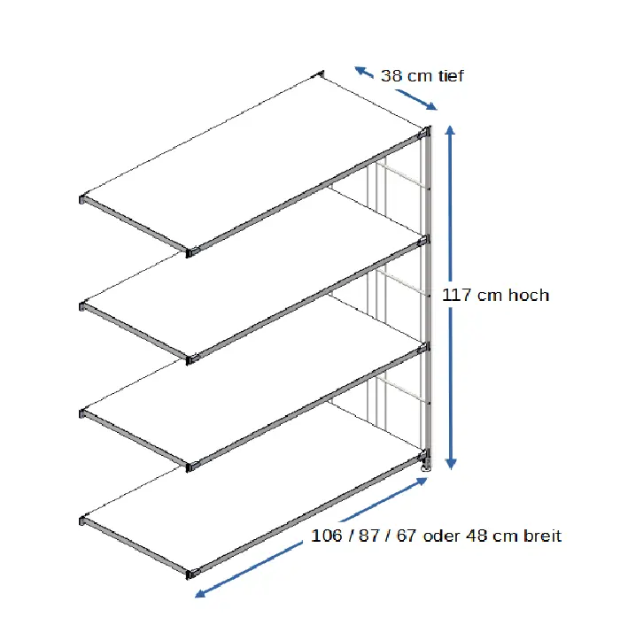 Ergänzungsset für BIII 380 #Regal 117 cm hoch, 38 tief, mit 4 Holzböden in weiß in den Breiten 106 cm, 87 cm, 67 cm oder 48 cm