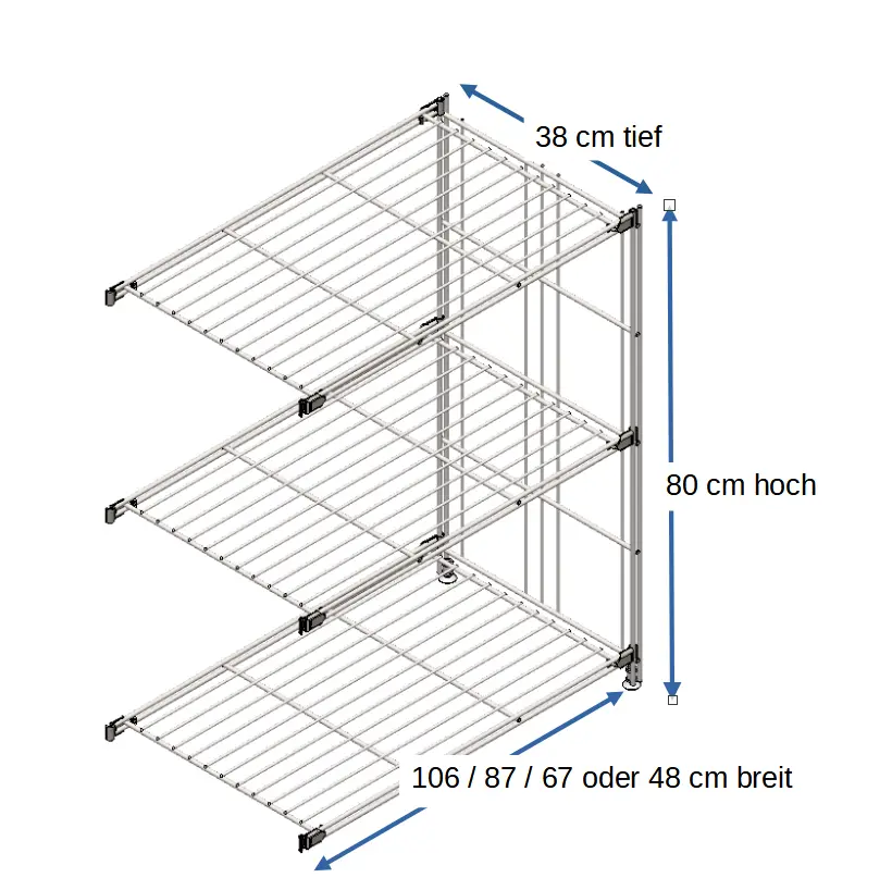 Ergänzungsset für BIII 380 #Regal 80 cm hoch, 38 tief, mit 3 Gitterböden in den Breiten 106 cm, 87 cm, 67 cm oder 48 cm