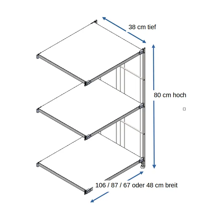 Ergänzungsset für BIII 380 #Regal 80 cm hoch, 38 tief, mit 4 Holzböden in weiß in den Breiten 106 cm, 87 cm, 67 cm oder 48 cm