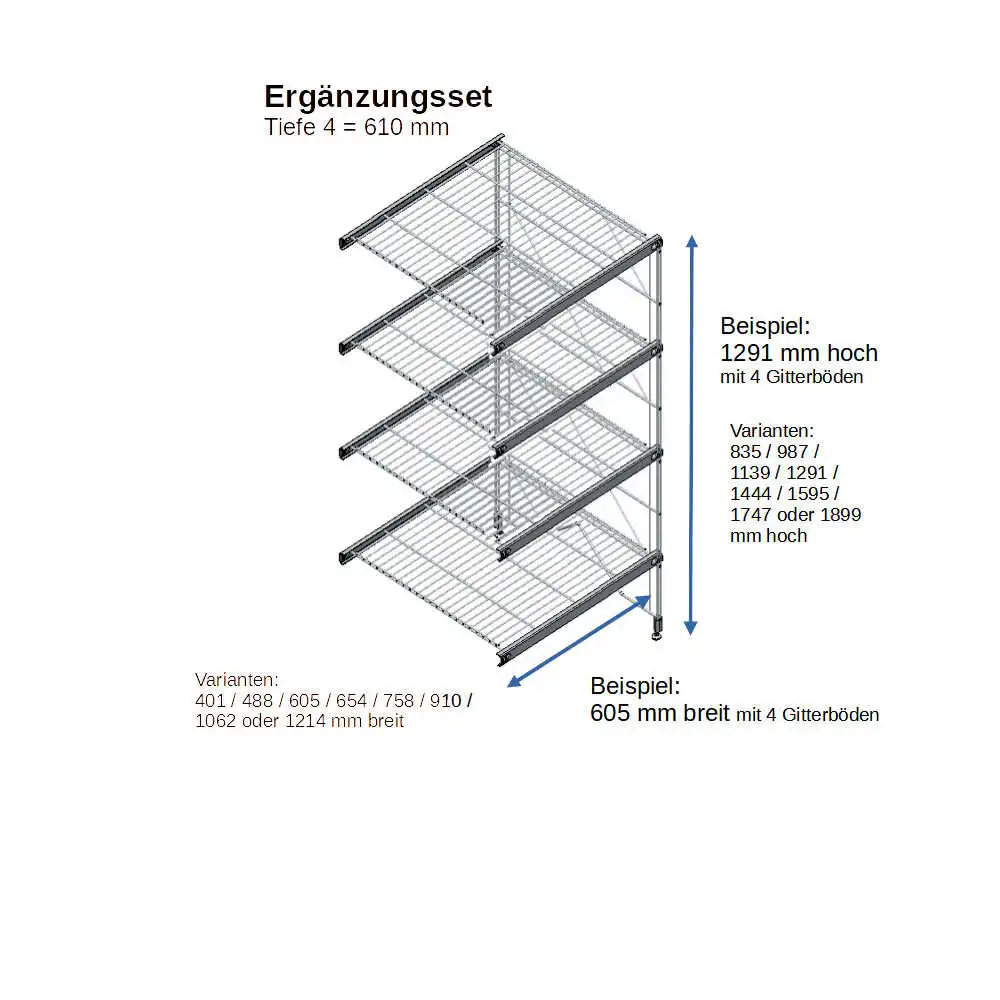 ETAGAIR Ergänzungsset 605 mm breit, für 610 cm tiefe Regale in verschiedenen Höhen