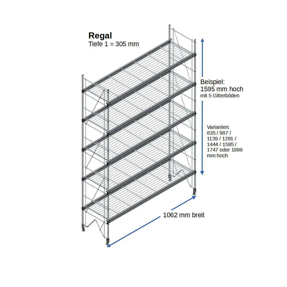 ETAGAIR Regal 305 mm tief,  1062 mm breit in verschiedenen Höhen