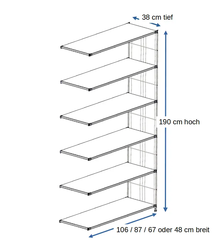 Ergänzungsset für BIII 380 #Regal 190 cm hoch, 38 tief, mit 4 Holzböden in weiß  in den Breiten 106 cm, 87 cm, 67 cm oder 48 cm