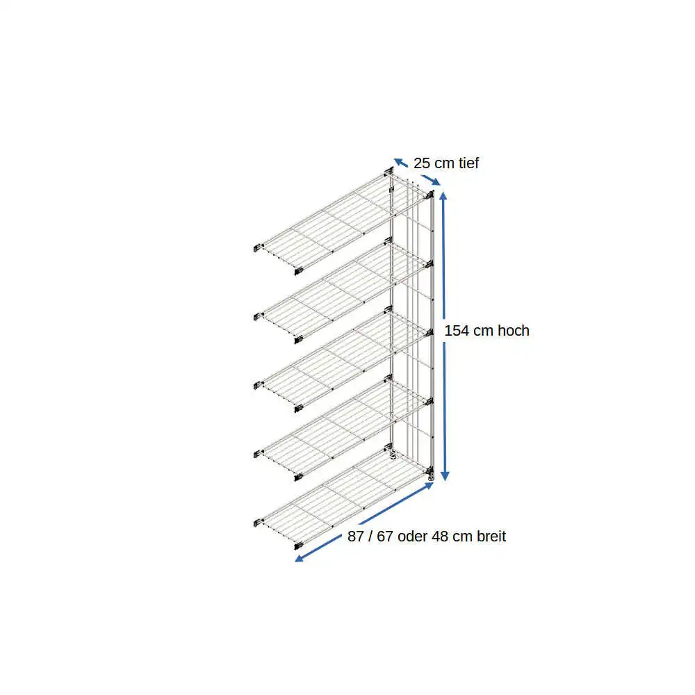 Ergänzungsset für Metall-Regal in 25 cm Tiefe, 154 cm hoch, mit 5 Gitterboeden in 46 cm, 65 cm oder 85 cm Breite