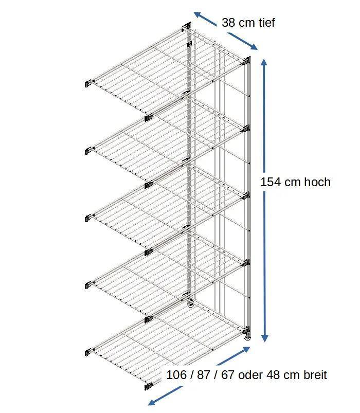 Ergänzungsset für BIII 380 #Regal 154   cm hoch, 38 tief, mit 5 Gitterböden in den Breiten 106 cm, 87 cm, 67 cm oder 48 cm