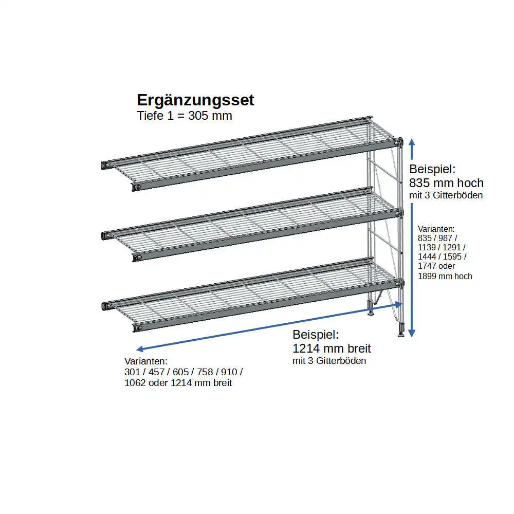 ETAGAIR Ergänzungsset für ein ETAGAIR- Regal 305 mm tief, 1214 mm breit in verschiedenen Höhen