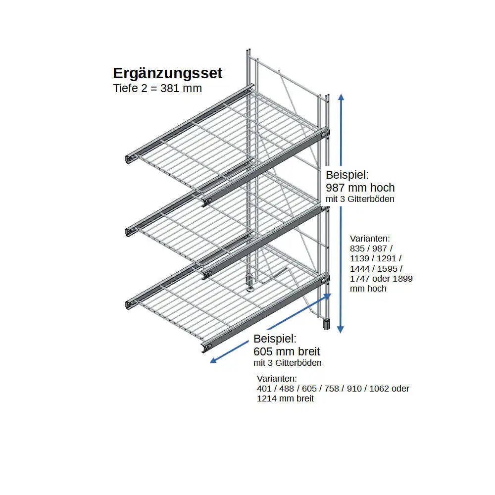 ETAGAIR Ergänzungsset 605 mm breit, für 381 cm tiefe Regale in verschiedenen Höhen