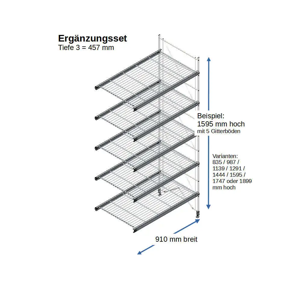 ETAGAIR Ergänzungsset 910 mm breit, für 457 cm tiefe Regale in verschiedenen Höhen. Die Gitterborde können in die verschiedenen Querstreben eingehängt werden.