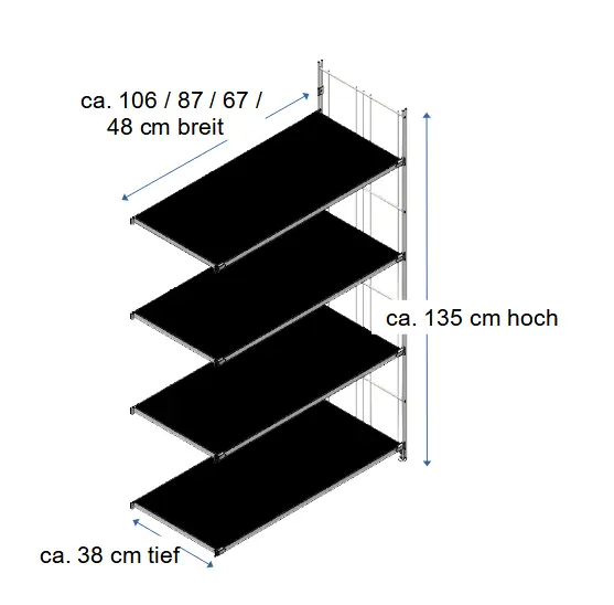 Ergänzungsset für BIII 380 #Regal 135 cm hoch, 38 tief, mit 4 Holzböden in weiß in den Breiten 106 cm, 87 cm, 67 cm oder 48 cm